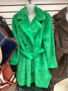 Green Faux Fur Belted Coat - Unbranded
